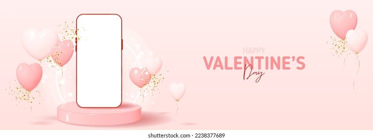 Happy Valentine's Day banner. Greeting background with mockup of phone, balloons and confetti on podium with neon circle. Holiday 3d banner. Vector illustration for promotion goods or products.