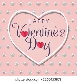 Happy Valentine's Day banner. Greeting card template. White heart frame with glossy white pearls on pink background. Vector illustration.