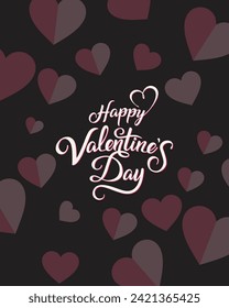  Happy Valentines Day banner. Valentines Day greeting card template with typography text happy valentine`s day and red heart on black background. Vector illustration