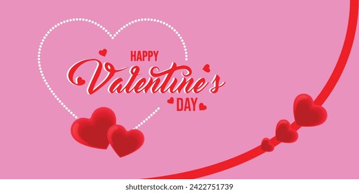  Happy Valentines Day banner. Valentines Day greeting card template with typography text happy valentine`s day and red heart on pink background for Love and Valentine's day concept Vector illustration