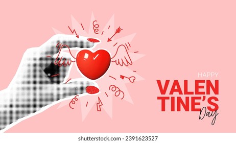 Happy Valentine's day banner. Halftone woman arm holds 3d heart with hand drawn wings. Contemporary art collage for Valentine's Day. Vector illustration. Modern design with cut out halftone hand.