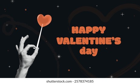 Happy Valentine's Day Banner Halftone effect.Isolated on dark background.Halftone Collage stippling hand and red heart shaped lollipop.Y2k grunge.Trendy vintage sticker for card,for promotions.