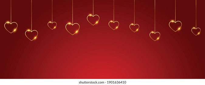 happy valentines day banner with hanging golden hearts