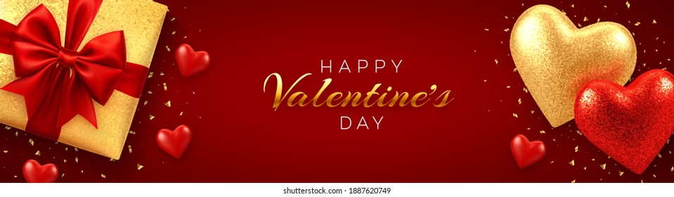 Happy Valentine's Day banner or header website. Realistic gift box with red bow, and shining red and gold 3d balloons hearts with glitter texture and confetti on red background. Vector illustration.