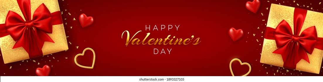 Happy Valentine's Day banner or header website. Realistic gift boxes with red bow, and shining red and gold 3d balloons hearts with glitter texture and confetti on red background. Vector illustration.
