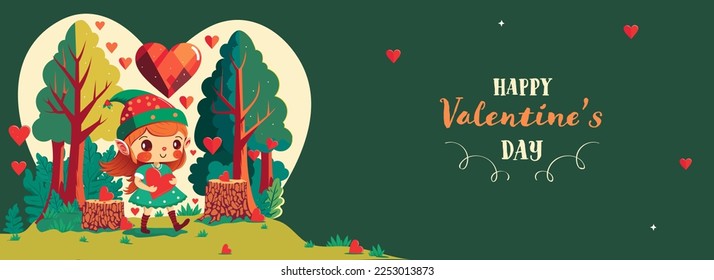 Happy Valentine's Day Banner Or Header Design With Cute Girl Character Walking And Heart Shapes On Natural Green Background.