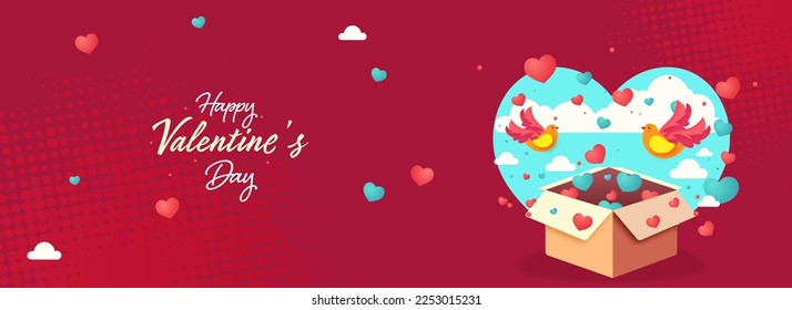 Happy Valentine's Day Banner or Header Design With Hearts Coming Out of Cardboard Box, Flying Birds, Clouds On Red Halftone Effect Background.