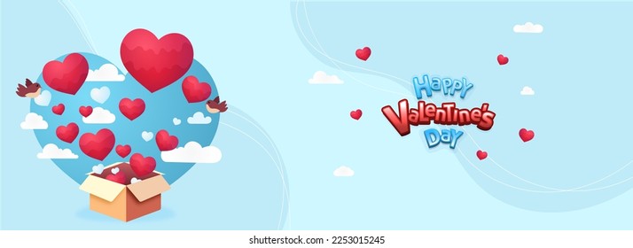 Happy Valentine's Day Banner or Header Design With Red Hearts Coming Out of Cardboard Box, Flying Birds And Clouds On Sky Blue Background.