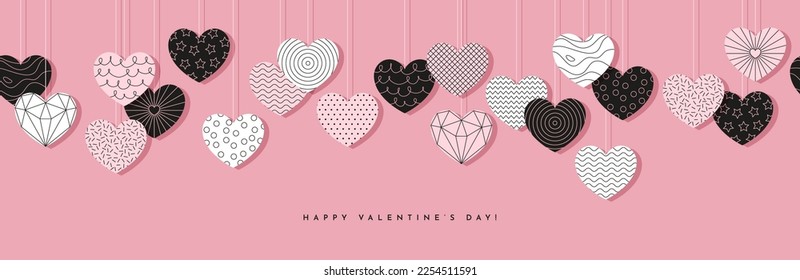 Happy Valentines Day banner, header or greeting card design in vector. Seamless background on love theme. Pink, white and black heart shapes with different linear geometric patterns and textures.