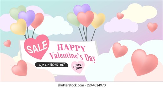 Happy Valentine's Day banner heart balloons floating in the sky. There were colorful clouds and pink hearts floating around.