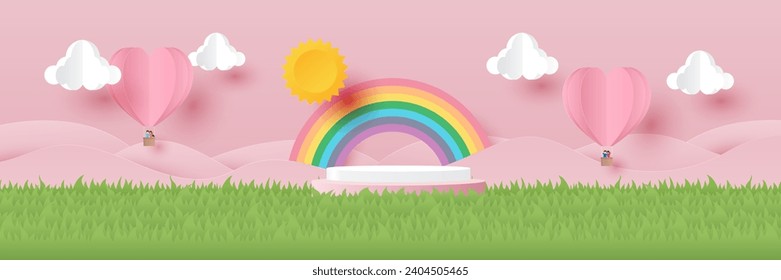 Happy valentines day banner. Heart balloons with peoples joyful and podium for show product on nature background. Paper cut and craft style illustration