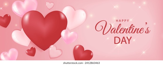 Happy Valentines Day banner with heart balloons, cloud on pink background. Gift card, love party, invitation voucher design, poster template, Vector illustration.