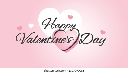 Happy Valentine's Day banner with hearts and handwritten calligraphy with pink white background