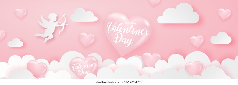 Happy Valentine's day banner with hearts, Cupid and clouds, delicate pink festive background. Paper art style. Handwritten greeting on volume heart, vector.