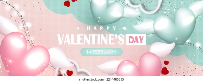 Happy Valentines Day banner. Hearts with wings, and sparkling light decorations isolated on soft pink and green backgrounds. Top view. Vector illustration.