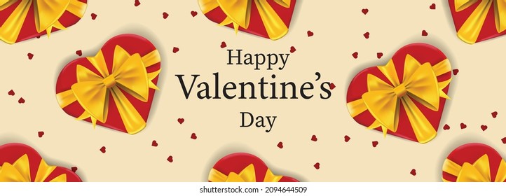 Happy Valentine's day banner with heart-shaped gift boxes and confetti. Template for banners, cards, invitations, advertisements. Vector illustration. 