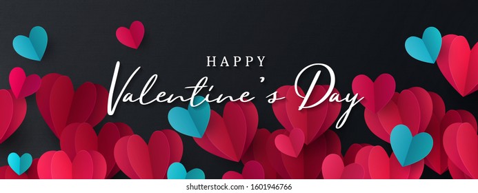 Happy Valentine's Day banner. Holiday background design with border frame made of pink, red and blue Origami Hearts on black fabric background. Horizontal poster, flyer, greeting card, website header 