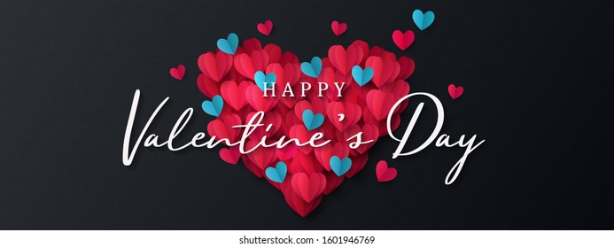 Happy Valentine's Day banner. Holiday background design with big heart made of pink, red and blue Origami Hearts on black fabric background. Horizontal poster, flyer, greeting card, header for website