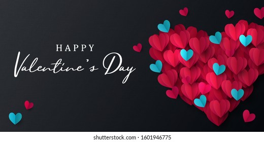 Happy Valentine's Day banner. Holiday background design with big heart made of pink, red and blue Origami Hearts on black fabric background. Horizontal poster, flyer, greeting card, header for website