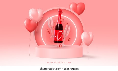 Happy Valentine's Day banner. Holiday background with red and pink ballon, neon circle, round stage, realistic champagne bottle, glasses and confetti. Vector illustration with 3d rednder object.