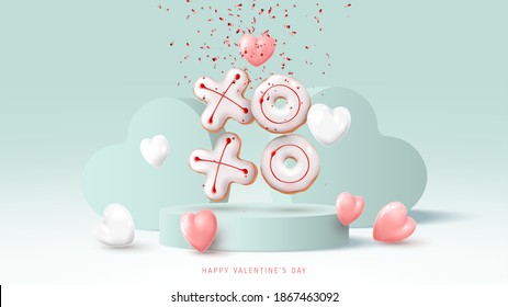 Happy Valentine's Day Banner. Holiday Background With White And Pink Hearts, Round Stage, Realistic XO Cookies And Confetti. Vector Illustration With 3d Render Object.