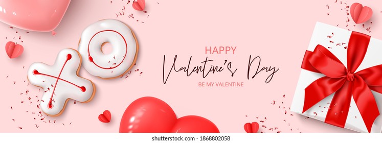 Happy Valentine's Day banner. Holiday background with realistic XO cookies, paper hearts, gift box, balloons and confetti. Vector illustration with 3d decorative object for Valentine's Day.