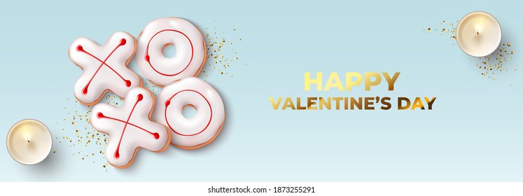 Happy Valentine's Day banner. Holiday background with realistic XO cookies, burning candles and golden confetti. Vector illustration with 3d decorative objects for Valentine's Day.