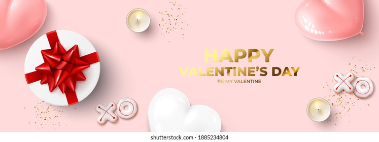 Happy Valentine's Day banner. Holiday background with realistic XO cookies, candles, gift box, balloons and confetti. Vector illustration with 3d decorative object for Valentine's Day.