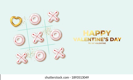 Happy Valentine's Day banner. Holiday background with realistic XO cookies, golden heart and confetti. Concept of tic tac toe game. Vector illustration with 3d decorative objects for Valentine's Day.