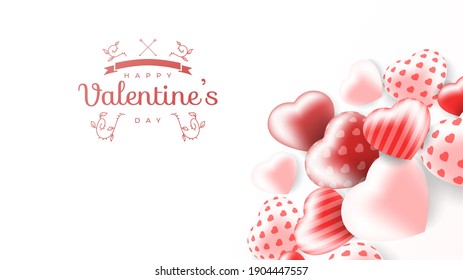 Happy Valentine's Day banner. Holiday background design with heart made of pink and red balloon. Horizontal poster, flyer, greeting card, header for website