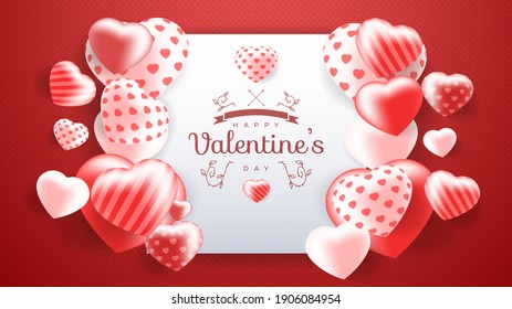 Happy Valentine's Day banner. Holiday background design with heart made of pink and red balloon. Horizontal poster, flyer, greeting card, header for website