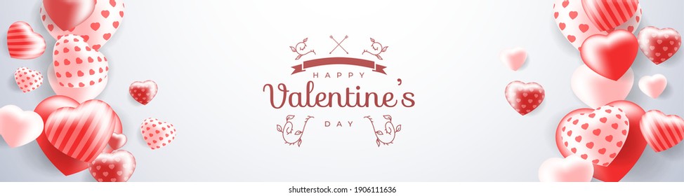 Happy Valentine's Day banner. Holiday background design with heart made of pink and red balloon. Horizontal poster, flyer, greeting card, header for website