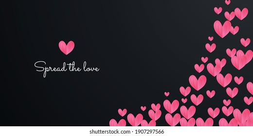 Happy Valentine's Day banner. Holiday background design with big heart made of pink, red and pink Origami Hearts on black fabric background. Horizontal poster, flier, greeting card, header for website