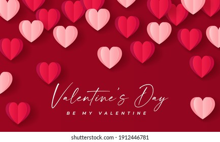 Happy Valentine's Day banner. Holiday background design with big heart made of red and pink Origami Hearts. Horizontal poster, flyer, greeting card, header for website