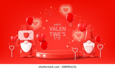 Happy Valentine's Day banner. Holiday background with cute gnomes on red background with podium, neon hearts, balloons, lollipops and confetti. Vector illustration with symbols of Valentine's Day.