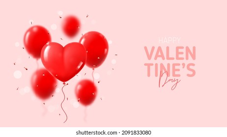 Frohes Valentinstag-Banner. Urlaubsplanung mit abstrakter 3D-Komposition zum Valentinstag. Vektorgrafik mit roten Ballons und Konfetti auf rosafarbenem Hintergrund. Urlaubsbanner.