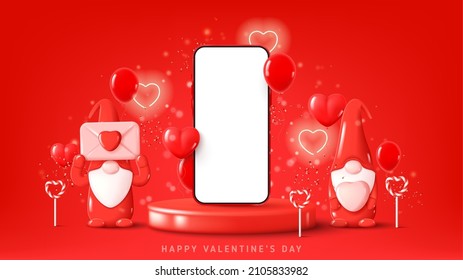 Happy Valentine's Day banner. Holiday banner with smartphone on podium, cute gnomes, neon hearts, balloons, lollipops and confetti. Vector illustration with symbols of Valentine's Day.