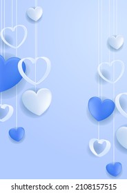 Happy Valentine's Day banner. Holiday background design with big heart made of blue Origami Hearts on blue fabric background. Horizontal poster, flyer, greeting card, header for website