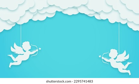 Happy Valentine's Day banner. Holiday turquoise background design with clouds and amur and cupid. Space for text.