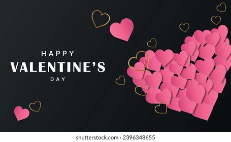 Happy Valentine's Day banner. Holiday background design with big heart made of pink, red and gold paper Hearts on black background.