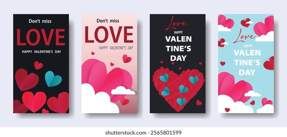Happy Valentine's Day banner. Holiday background design with big heart made of pink, red and blue Origami Hearts on black fabric background. Horizontal poster, flyer, greeting card, header for website