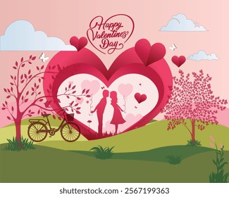 Happy Valentine's Day banner. Holiday background design with big heart made of pink, red. Horizontal poster, flyer, greeting card.