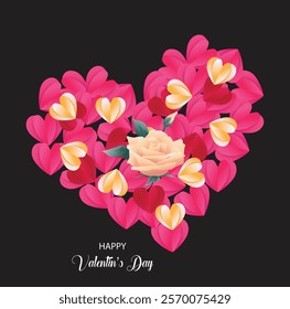 Happy Valentine's Day banner. Holiday background design with big heart made of pink, red and blue Origami Hearts on black fabric background. Horizontal poster, flyer, greeting card, header for website