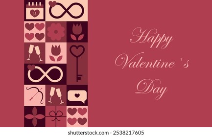 Happy Valentine`s Day banner. Horizontal poster, greeting card, header for website. Modern neo geometric abstract background. Vector illustration