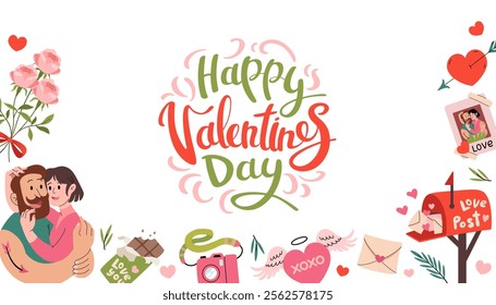 Happy Valentine's Day banner. Horizontal invitation background. Cute frame with romantic elements. Hand lettering, mailbox, an envelope, couple, chocolate, flowers and heart. Vector flat illustration.