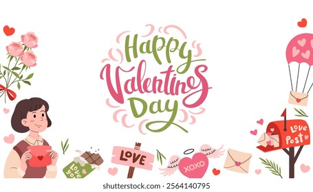 Happy Valentines Day banner. Horizontal invitation background. Cute frame with romantic elements. Hand lettering, mailbox, heart with angel wings, chocolate, flowers. Vector flat illustration.