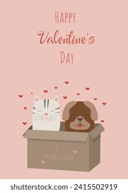 Happy Valentine's Day banner. Illustration with pets. Flyer with cat and dog sitting in a box and hearts above them. Be my Valentine inscription.