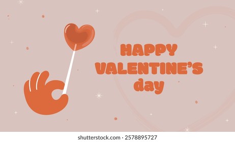 Happy Valentine's Day Banner. Isolated on pink background. stylized flat hand with heart-shaped lollipop.Trendy template for card,for promotions.