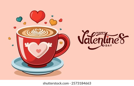 Happy Valentine's Day Banner with Latte Art Heart Coffee Cup on Peach Background.