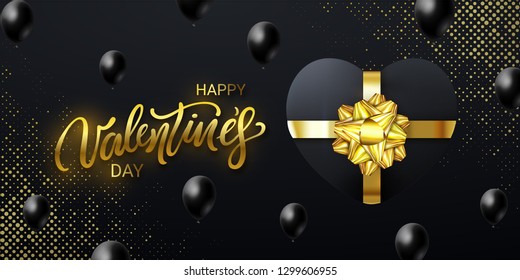 Happy Valentines Day banner with a lettering, realistic Gift Box Heart shaped and falling Balloons on black halftone background. Horizontal holiday poster, add, header, website. Vector illustration